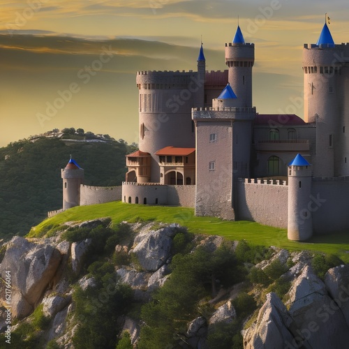 10 A medieval castle perched on a hilltop, complete with towering turrets, a drawbridge, and a grand courtyard with a fountain3, Generative AI