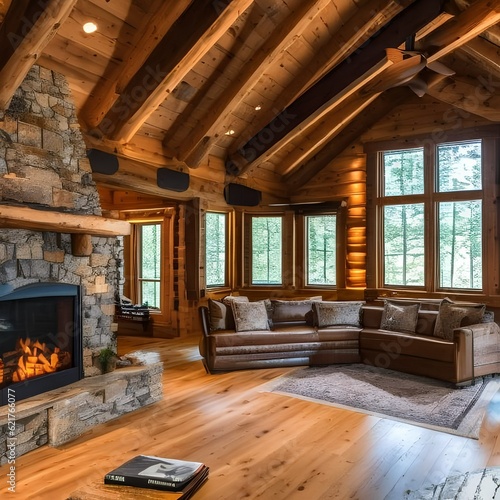 3 A cozy cabin in the woods, featuring a rustic interior with exposed wooden beams, a stone fireplace, and warm, earthy tones4, Generative AI