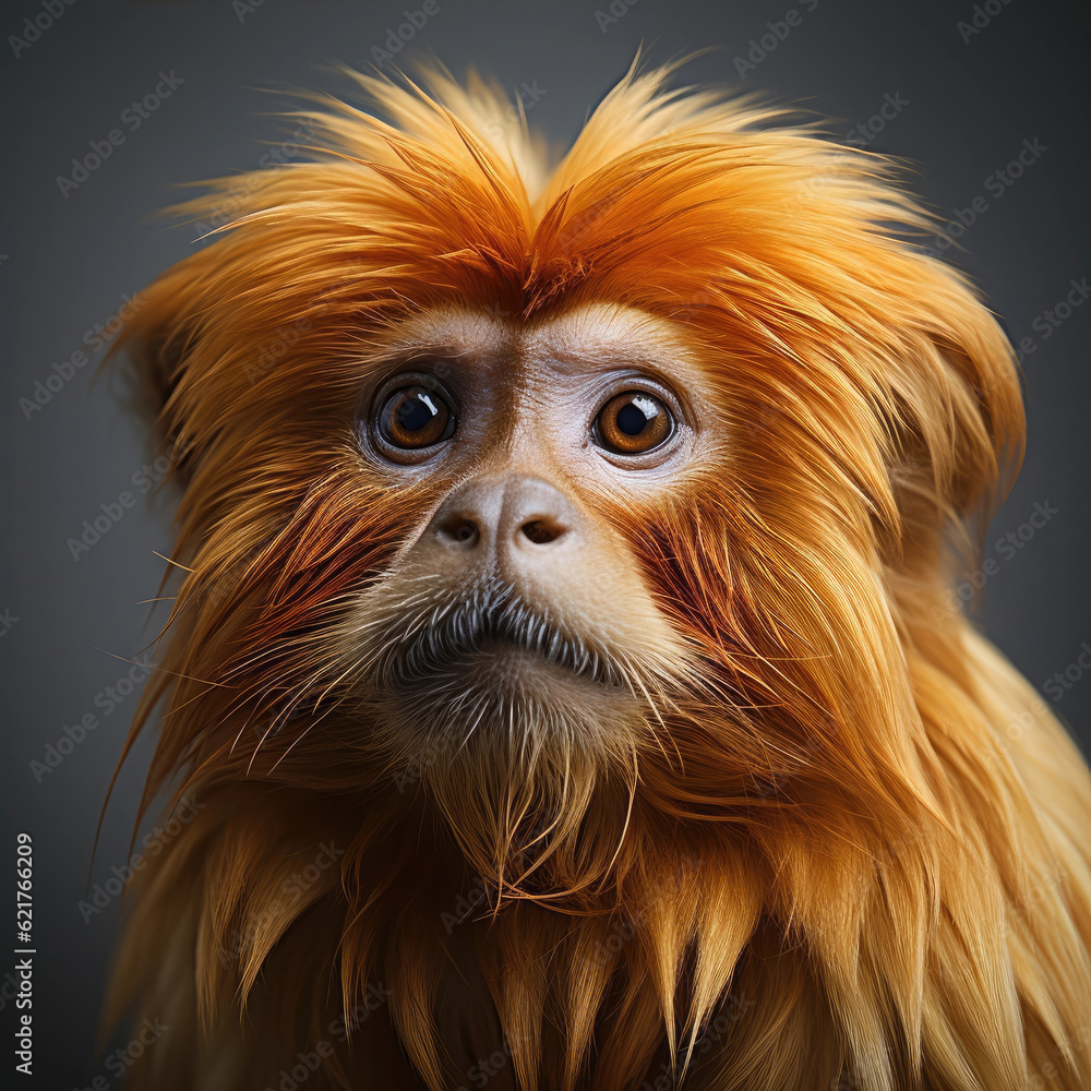 Naklejka premium A stunning closeup shot of a golden lion tamarin (Leontopithecus rosalia) highlighting its vibrant golden fur and captivating eyes.