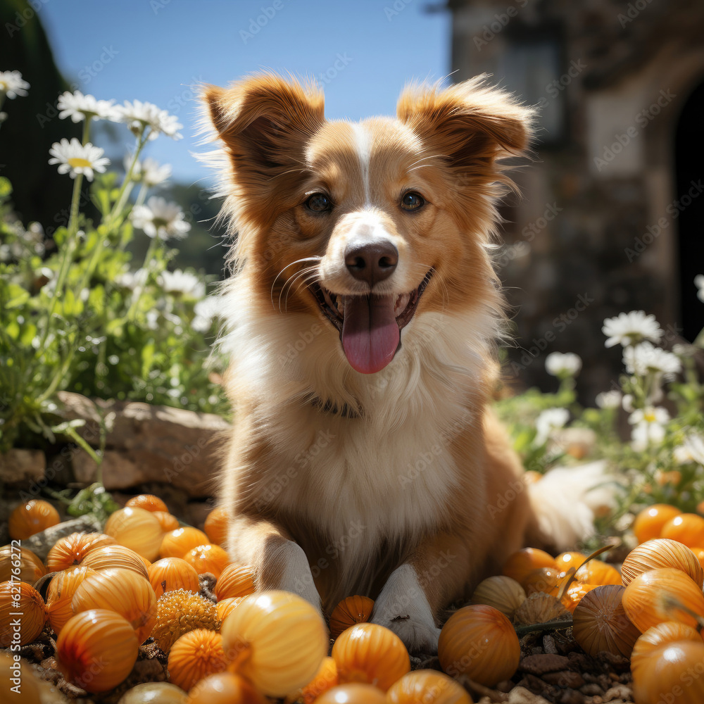 An energetic puppy (Canis lupus familiaris) joyfully playing with a ball in a charming garden setting in Tuscany.