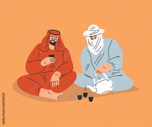Man Tourist Camping in Desert Sitting and Talking Drinking Tea Vector Illustration