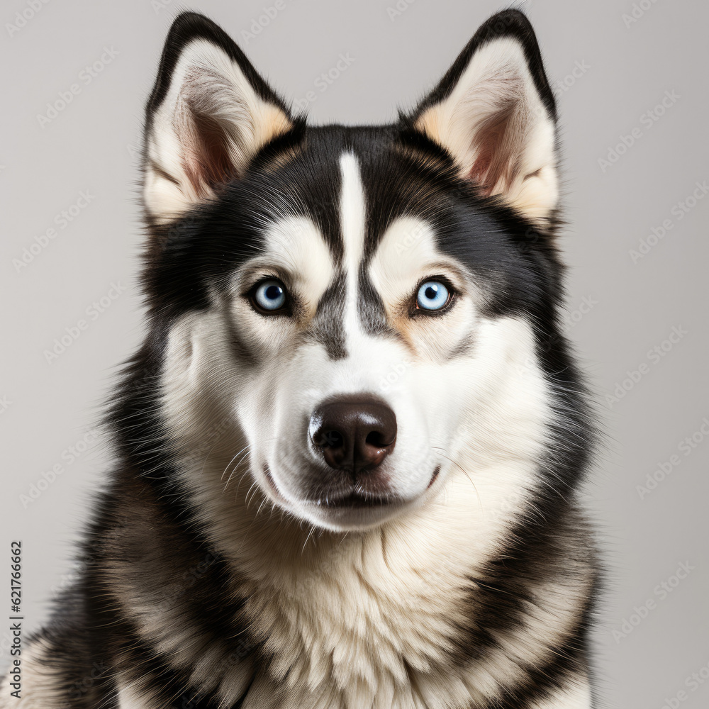 A striking Siberian Husky (Canis lupus familiaris) with dichromatic eyes.