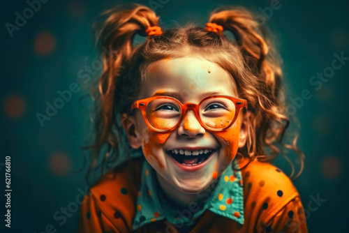  Portrait of happy smiling little girl in glasses with colorful paint on the skin. generative AI