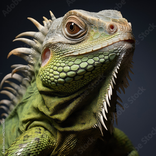 A curious closeup shot of an iguana capturing its reptilian expression and textured scales.