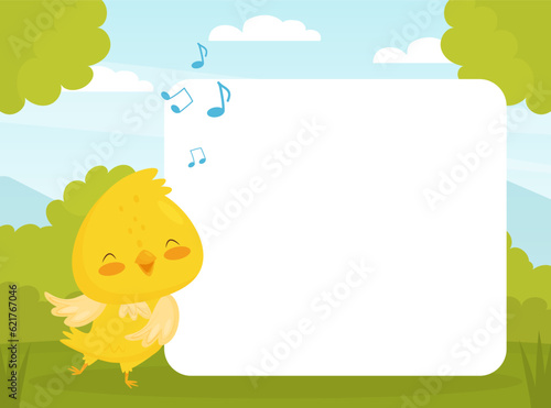 Empty Note Card with Cute Canary Cartoon Yellow Bird Vector Template