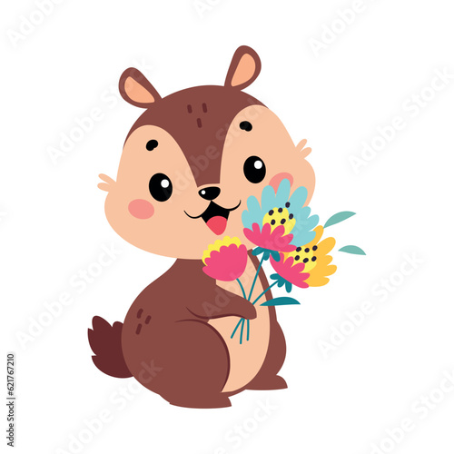Funny Chipmunk Character with Cute Snout Holding Bunch of Flowers Vector Illustration