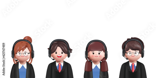 Office operator with headset talking with clients. Customer service, call center, hotline, customer support department staff concept. 3d vector people character illustration. 
