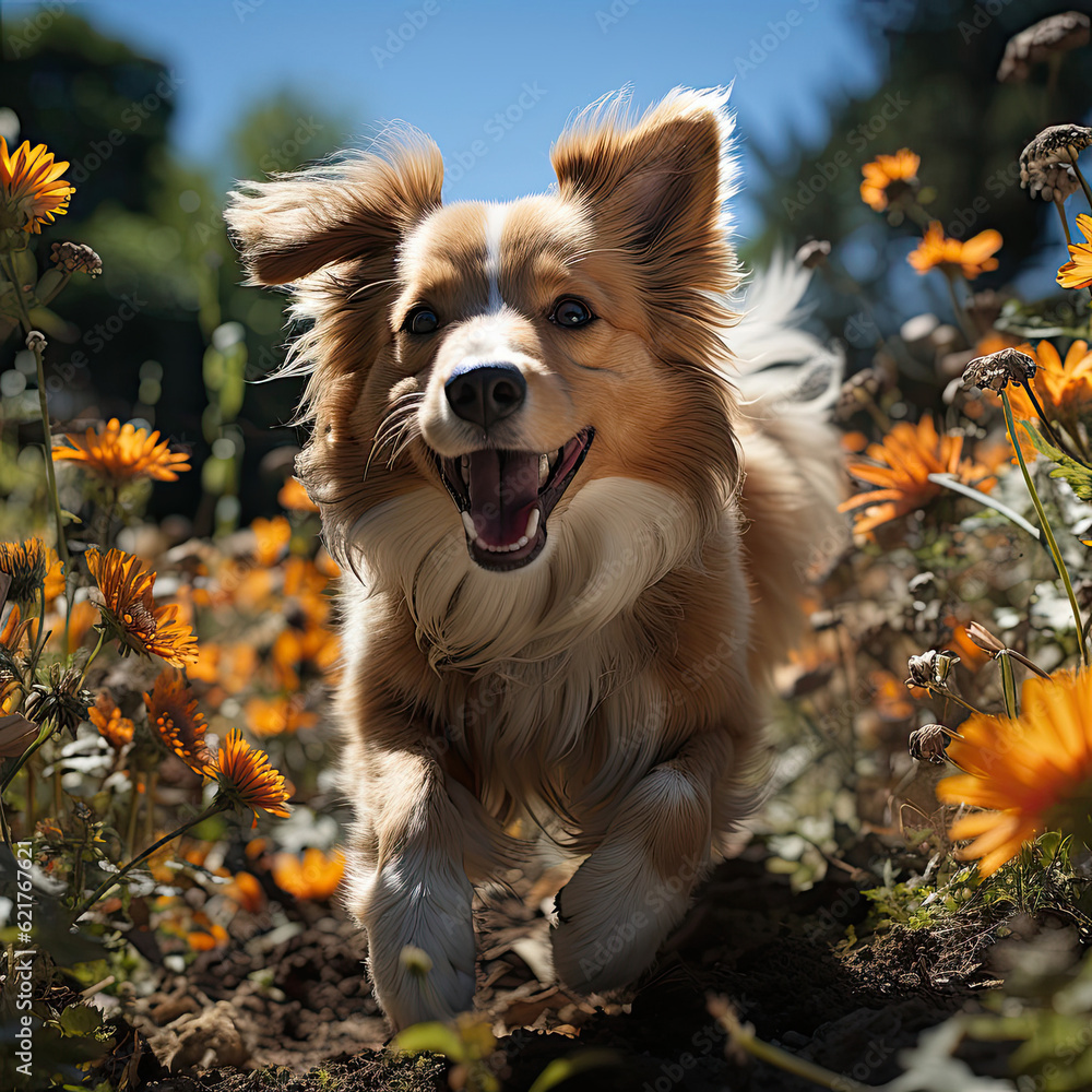A playful puppy (Canis lupus familiaris) chasing colorful butterflies in a sunlit garden in Tuscany, filled with the scent of blooming flowers.