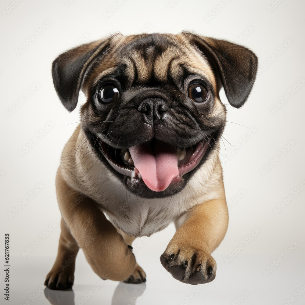 A playful Pug puppy (Canis lupus familiaris) running joyfully.