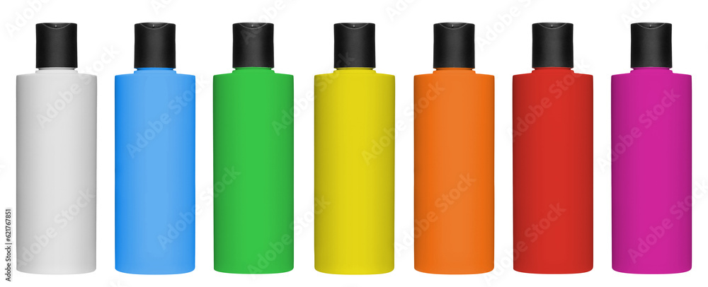 Set of multicolor plastic bottles, cut out