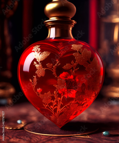 Love potion in heart glass, photo style selective focus, Generative Ai