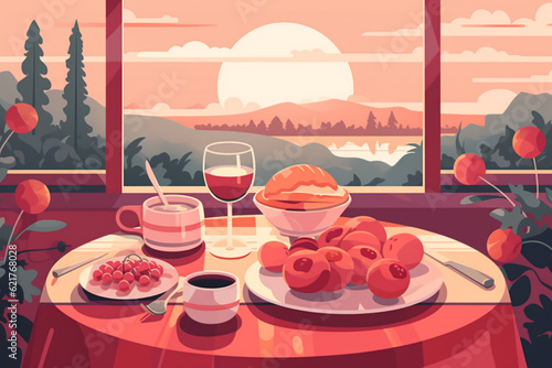 Cozy Breakfast Spread with Scenic Sunset View