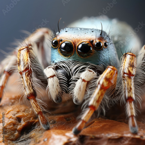 An extreme closeup shot of a spider showcasing its intricate eyes and delicate silk thread.