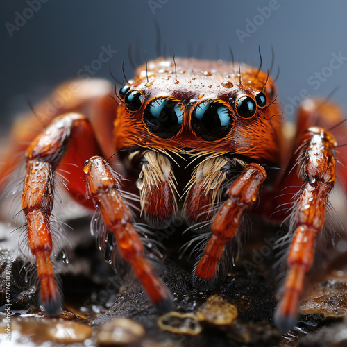 An extreme closeup shot of a spider showcasing its intricate eyes and delicate silk thread. © blueringmedia