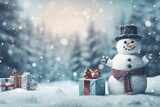 Christmas gift boxes on snow with snowman. Generative AI