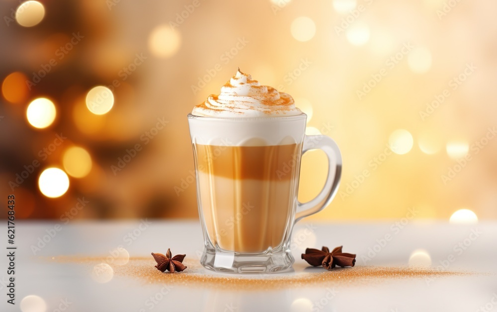 tall glass cup of latte with cinnamon, star anise and whipped cream, blurred sparkling gold background with beautiful bokeh, festive atmosphere, glitter on the marble table tall glass cup of latte with cinnamon, star anise and whipped cream, blurred sparkling gold background with beautiful bokeh, festive atmosphere, glitter on the marble table