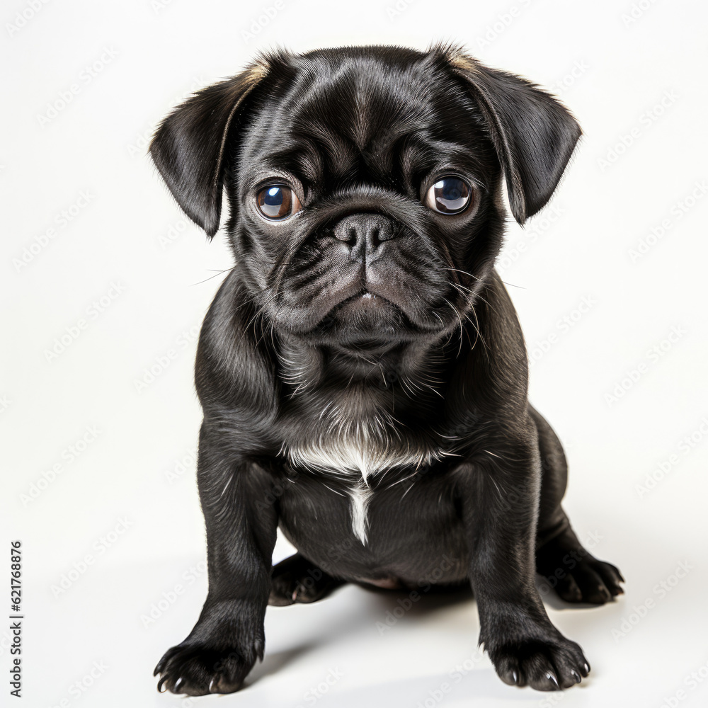 A curious Pug puppy (Canis lupus familiaris) standing with an inquisitive look.