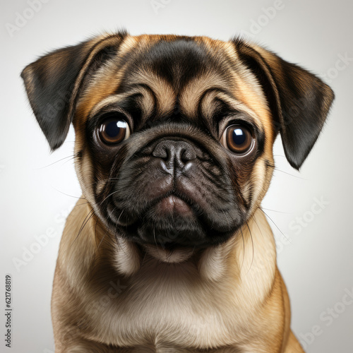 A curious Pug puppy (Canis lupus familiaris) standing with an inquisitive look.