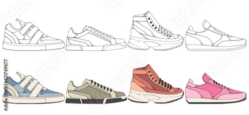 Set of shoes sneaker drawing vector, Sneakers drawn in a sketch style, bundling sneakers trainers template, vector Illustration.