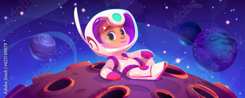 Cute astronaut kid lying on alien planet. Vector cartoon illustration of little boy in spacesuit and helmet exploring moon landscape with craters, many stars glowing in night sky, space mission