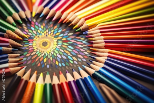 Color pencils on wooden background. colorful card. Back to school concept. Generative AI