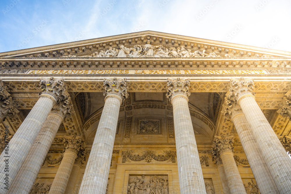 Front view of Tympanum and massive ancient columns of Pantheon in Paris, France Front view of Tympanum and massive ancient columns of Pantheon in Paris, France