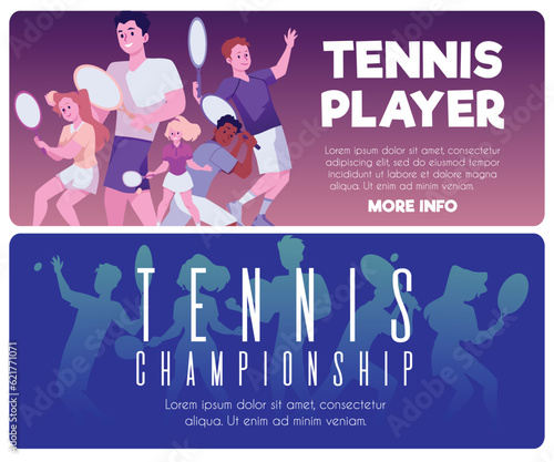 Tennis sport tournament banners or leaflets bundle flat vector illustration.