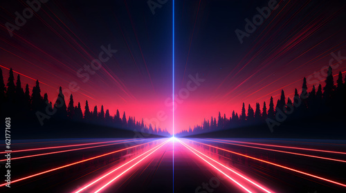 neon sunset highway horizon line background in minimalist outrun style with trees