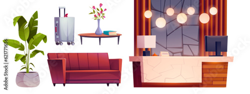 Cartoon set of hotel lobby design elements isolated on white background. Vector illustration of reception desk with computer monitor and lamps, couch, table with vase, flowerpot and travel suitcase