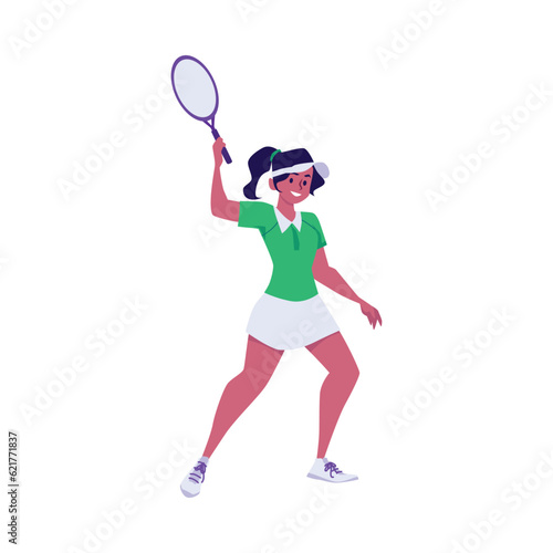 Young pretty woman tennis player raised the racket, vector cartoon illustration isolated on white background © sabelskaya