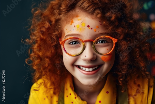  Portrait of happy smiling little girl in glasses with colorful paint on the skin. generative AI