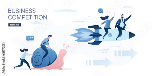 Business competition, classic business chasing innovative start-up. Businessmen on slow snail are far behind and cannot catch up with entrepreneurs on fast rocket.