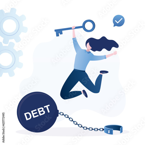 Happy woman with big key. Female borrower opened shackles and got rid of debt and loans. Businesswoman or customer not chained to huge credit burden. Financial freedom, money management.