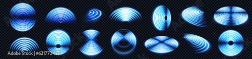 Realistic set of blue radio wave signal signs isolated on transparent background. Vector illustration of radial symbol of wifi connection, sound spread, pulse effect, vibration frequency, radar area