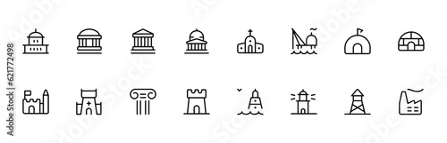 Historical building icon. Ancient Greek columns. architecture pillars. Roman antique decoration. Art sculptures. Ornate classic pedestals. Antiquity logo. Vector tidy building isolated elements set