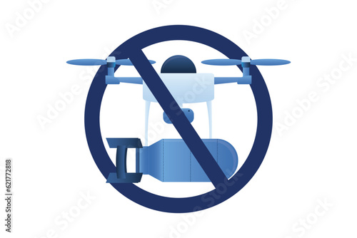 Drone and bomb is crossed out with forbidding sign. Stop war, banner. Anti-war poster. Radio-controlled copter for delivery and bombardment of enemy positions