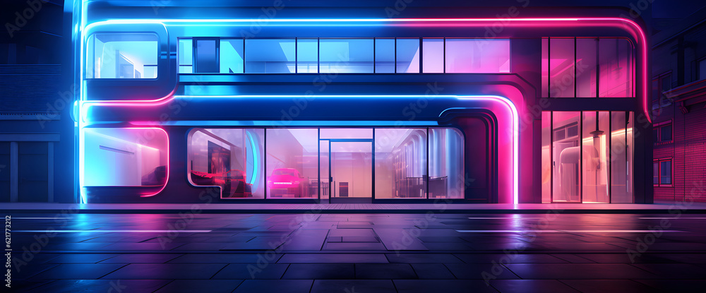 modern neon building on the street pink blue glowing modern neon building on the street pink blue glowing