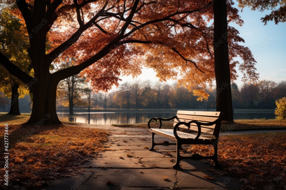 park bench in a park in autumn - created using generative AI tools