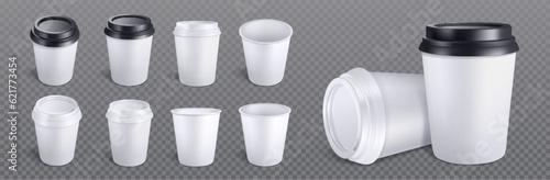3d white coffee cup isolated vector mockup set. Eco tea mug with black plastic lid cover and empty branding design. Disposable packaging for takeaway and go cold latte drink professional template.