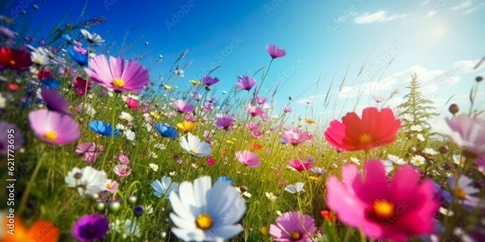 Fototapeta premium A beautiful flowery meadow in spring or summer. Nature concept. Generative AI