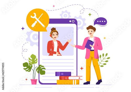 Technical Support System Vector Illustration with Software Development, Customer Service and Technology Help in Flat Cartoon Hand Drawn Templates © denayune