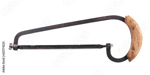 Old wood saw with wooden handle and replaceable blade. On a transparent background.