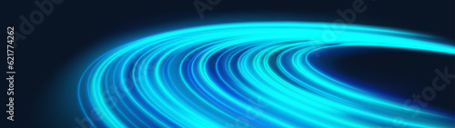 Neon planet ring with light glow energy effect. Magic cosmos round line flare with blue speed trail path shine element. Luminous motion circular disk shape abstract vector technology wallpaper.