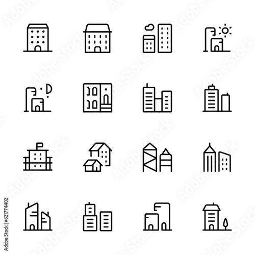 building icons, such as city, apartment, condominium, town. linear Editable Stroke. Line, Solid, Flat Line, thin style and Suitable for Web Page, Mobile App, UI, UX design.