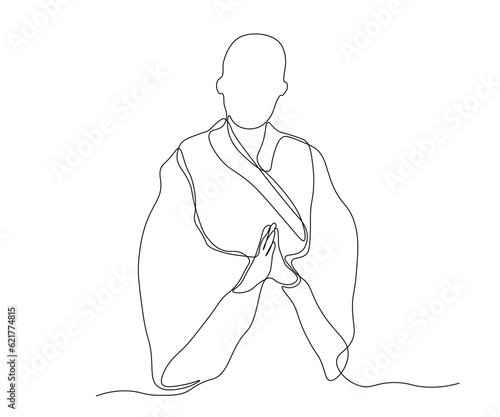 abstract Chinese man without a face, national dress of china, Praying Monk in Kimono Continuous One Line Drawing