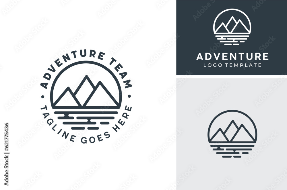 Line Art Mountain River Lake Sea Ocean for Outdoor Adventure Label Stamp Logo Design Line Art Mountain River Lake Sea Ocean for Outdoor Adventure Label Stamp Logo Design