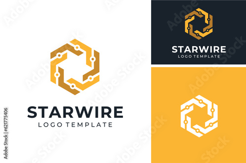 Golden Copper Circuit Wire Plate with Hexagon Star for Electric logo design