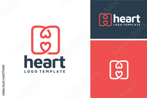 Rounded Square Initial Letter H Heart Health Happy Happiness Humanity with Love Shape Simple Line Art logo design