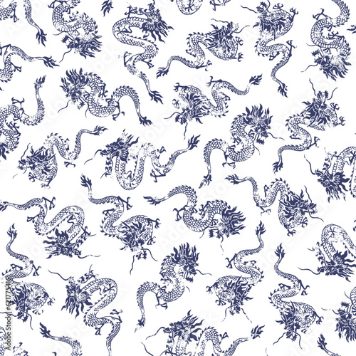 Seamless pattern with classic Japanese dragons,