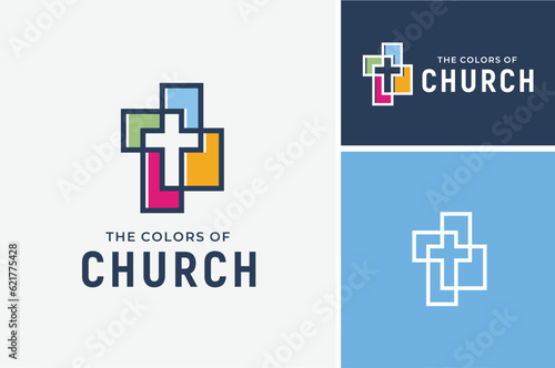 Crucifix Jesus Christ Cross with Colorful Stained glass mosaic for Christian Catholic Church Chapel logo design